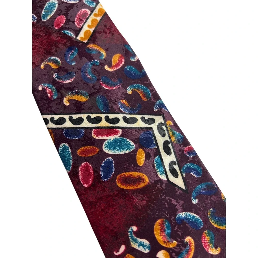 Vintage Designer Silk House Tie OS Burgundy Paisley Abstract‎ Geometric Silk A22